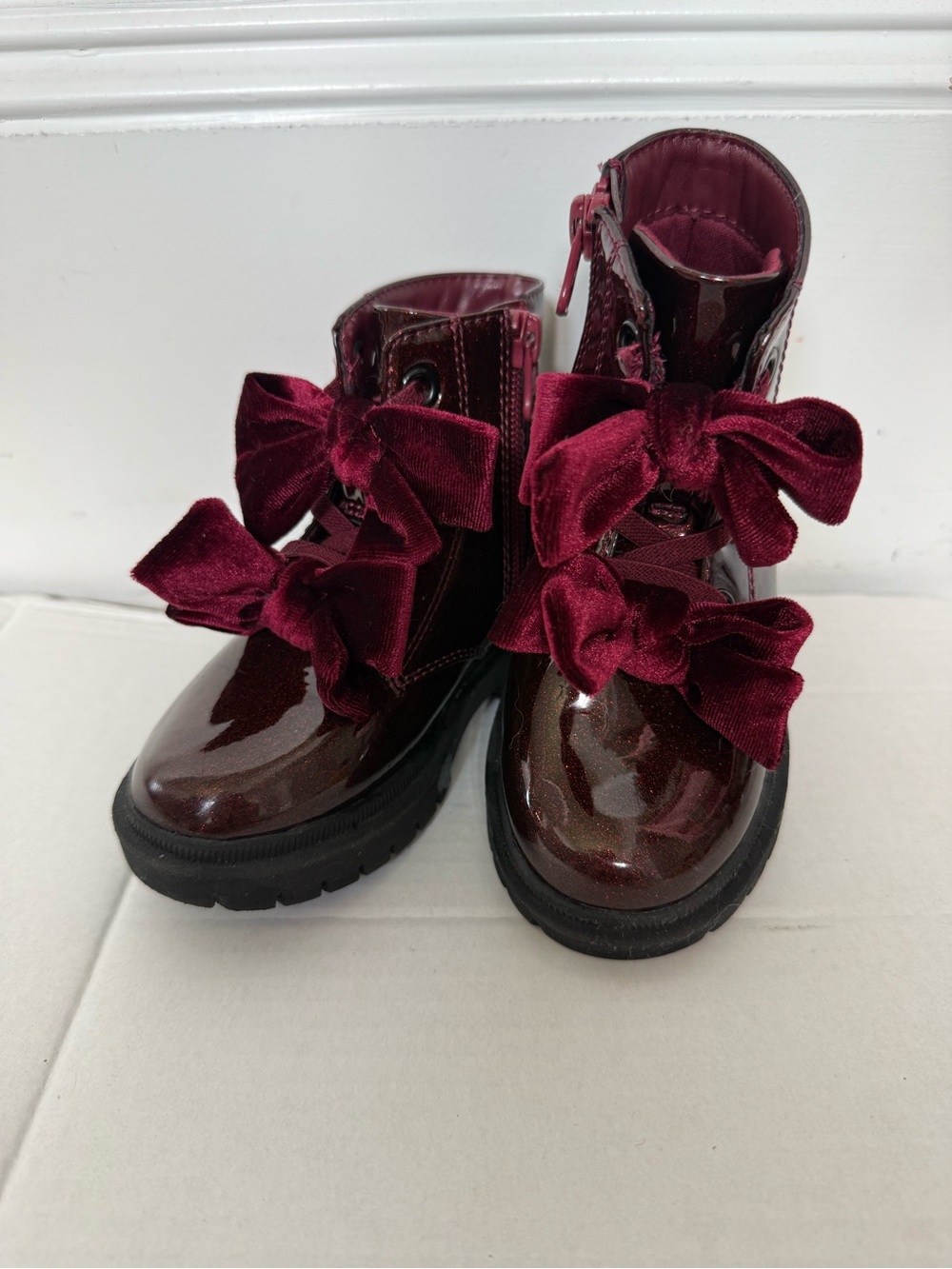 Cat & Jack Burgundy Patent Sparkle Kids Boots with Velvet Bow Laces